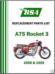 BSA Parts Manual A75 Rocket 3 III 1969 1970 1971 or 1972 Replacement 