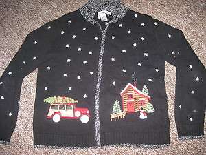 Vintage UGLY CHRISTMAS SWEATER Jeep WOODY WAGON w/ Tree CABIN WOW 