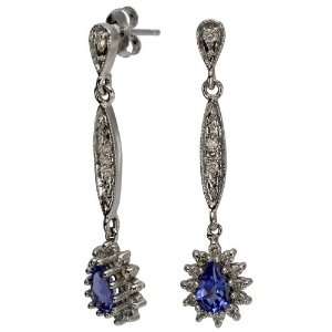 Sterling Silver Antique Style Dangling Tanzanite and Diamond Earrings 
