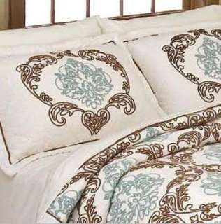 FRENCH Baroque 3pc QUILT SET White Brown Aqua Queen NEW  