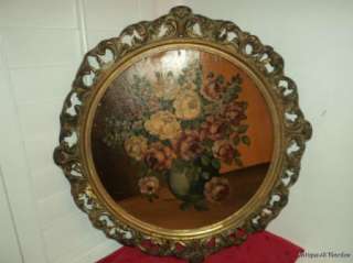 VINTAGE Art DECO Round Frame w/ ROSES Oil Painting 1930s  