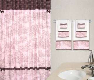   PINK FRENCH COUNTRY TOILE SHOWER CURTAIN AND 3 PIECE TOWEL SET  