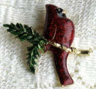 VINTAGE STYLE CHRISTMAS RED SPARKLE CARDINAL BIRD BROOCH PIN  