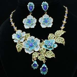 Swarovski Crystals Hot Blue Rose Flower Necklace Earring Set  