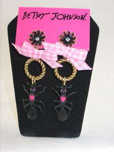 Betsey Johnson Picnic Gingham Bow Ant Insect Earrings  