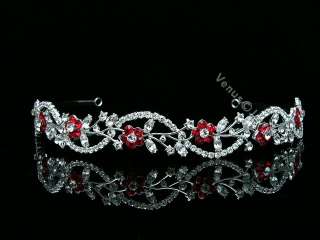 Apple Red Bridal Flower Rhinestones Crystal Wedding Tiara Headband 