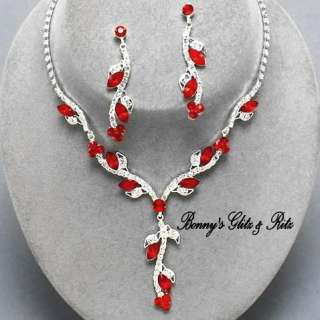 Prom Bridal Bridesmaid Formal Red Crystal necklace set Gift Box  