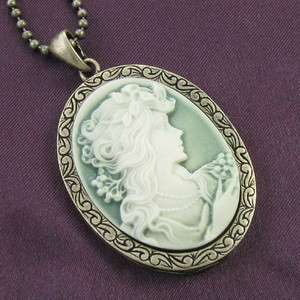 Antique Style Light Olive Green Cameo Pendant Necklace  
