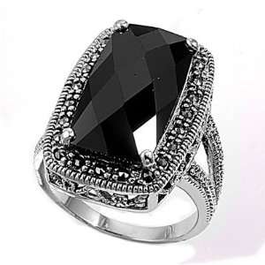   Silver Marcasite Rings with Faceted Black Onyx   Sizes 6 10 Jewelry