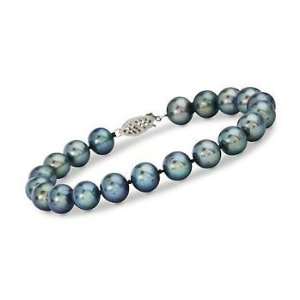  8 8.5mm Black Cultured Pearl Bracelet In 14kt White Gold 