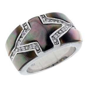  Black Mother of Pearl Cross Band in Solid Sterling Silver 