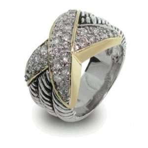 Bling Jewelry Sterling Silver Pave CZ Two Tone X Cable Style Ring 
