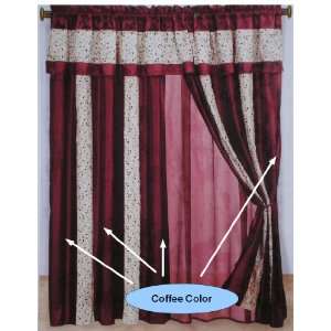  Faux Silk Chocolate Brown / Beige Embroidery Valance Window Curtains 