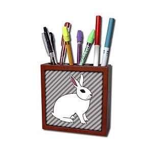   Rabbit Bunny on Grey Stripes   Tile Pen Holders 5 inch tile pen holder