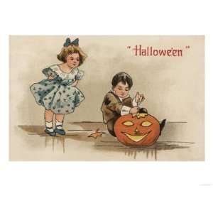  Halloween Greeting   Carving Pumpkin Giclee Poster Print 