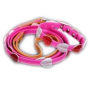   Glittering Sweethearts Dog Cat Collar & Leash Set   Small/Fuchsia Pink