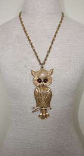   1970s Gold Tone Chunky Large Owl Pendant W/Purple Eyes Necklace  