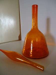 Vtg Orange Crackle Glass Vase Decanter w/ Bottle Stopper 17 tall 