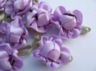 40 Satin Ribbon Flower w/leave Applique/Costume Purple  