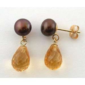   Citrine and Brown Freshwater Pearl Drop Earrings 