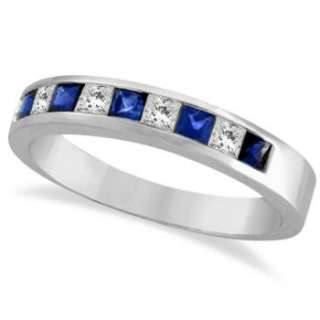 Princess Cut Diamond & Sapphire Wedding Ring Band 14k  