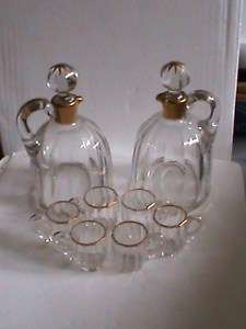 MOSER 2 Crystal Decanters 6 Cordial Sized Mugs Unsigned  