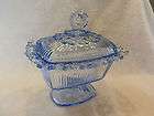 BLUE GLASS PEDESTAL COVERED CANDY DISH WITH LID LACE EDGE