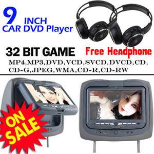   PCS Gray 9 Inch Pillow Headrest Car DVD Player Wireless Game+Headphone
