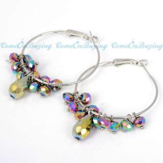 SILVER CIRCLES HOLLOW OUT EAR DROP COLORIZED MANMADE CRYSTAL HOOP 