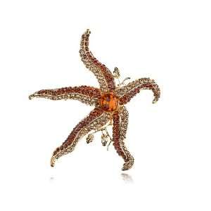   Red Crystal Rhinestone Gold Tone Ocean Starfish Star Design Pin Brooch