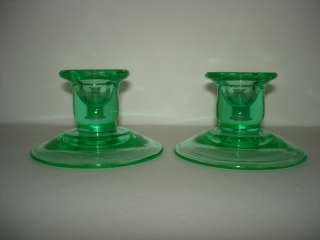 Green Uranium Glass Candleholder Pair Elegant Glass  