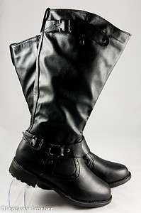 Women Fashion Equestrian Style Buckles Straps Tall Faux Leather Boots 