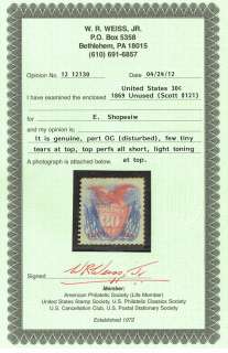   121 30c Eagle & Shield 1869 Pictorial MH/OG stamp $6,000 + Certificate