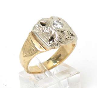 VINTAGE 2 TONE 10k GOLD DIAMOND SOLITAIRE MASONIC RING  
