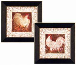 Set/2 French Country Rooster Kitchen Decor Art Framed  