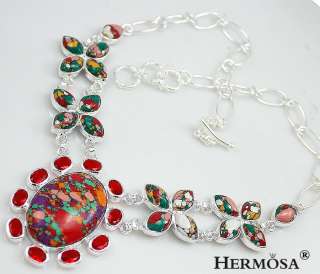 Multi Gem Mosaic Garnet Red Topaz Sterling Silver Drop Jasper Necklace 