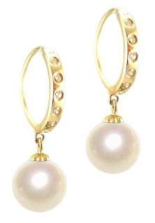 5mm AAA White Pearl 14K Yellow Gold Diamond Hoop Earrings  