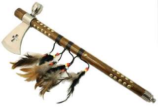   Indian Tomahawk Peace Pipe   Axe 19 Inches Wood Handle Feathers 70