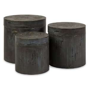   Aged Blue Washed Wood And Tin Atticus Round Storage Boxes Set Of Three