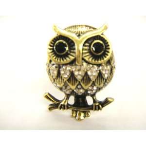  Big Gold Tone Owl With Silver Rhinestone Stretch Fashion Ring 