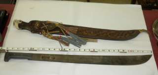   Vintage COLLINS Machete Cutlass Sword w Tooled Leather Sheath  