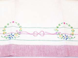 Vintage Dainty Hand Dish Towel Linen Pink&Green Lines Embroidery 