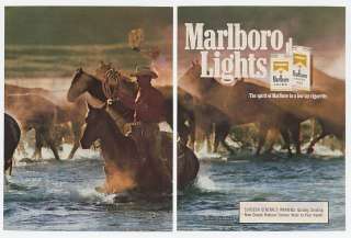 1987 Marlboro Lights Cigarette Cowboy Man Horses in Water 2 Page Ad 