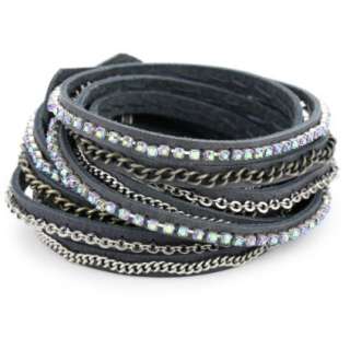 Presh Black Diamond Rhinestone Multi Chain Grey Leather Wrap Bracelet 