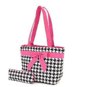 Pink & Black Houndstooth Cotton Quilted Insulated Lunch Bag for Women