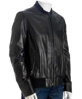 Andrew Marc black leather varsity jacket  