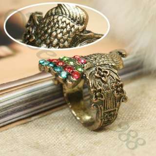 Cute Retro Peacock Brass Bronze Rhinestone Ring Size 6  
