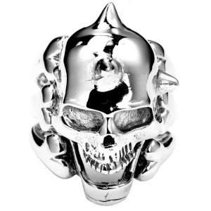  Mens Sterling Silver Spiked Skull and Triple Bones Ring 