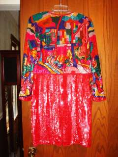 Louis Feraud Picasso Modern Art Sequin Covered Red Silk Jacket & Dress 
