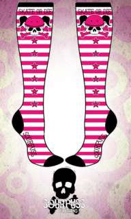 Pink and White stripe roller derby socks with Skate or Die and a 